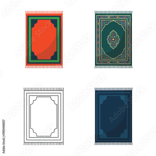 Prayer rug icons set, Islamic worship mat collection, Ramadan prayer time poster, mosque interior decor, spiritual event branding, vector illustration