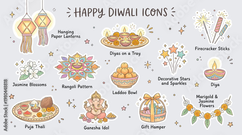 A collection of Happy Diwali icons featuring traditional elements like lanterns, diyas, rangoli, Ganesha, laddoos, and flowers.