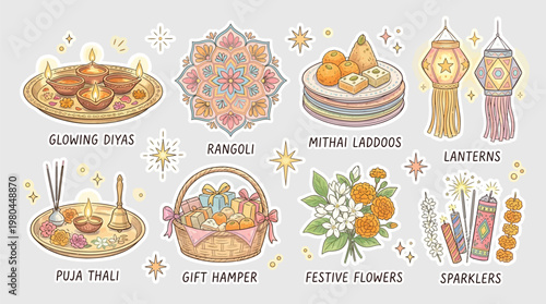 Vibrant illustrations of Diwali festival traditions: glowing diyas, intricate rangoli, delicious mithai, decorative lanterns, puja thali, gift hampers, festive flowers, and sparklers.
