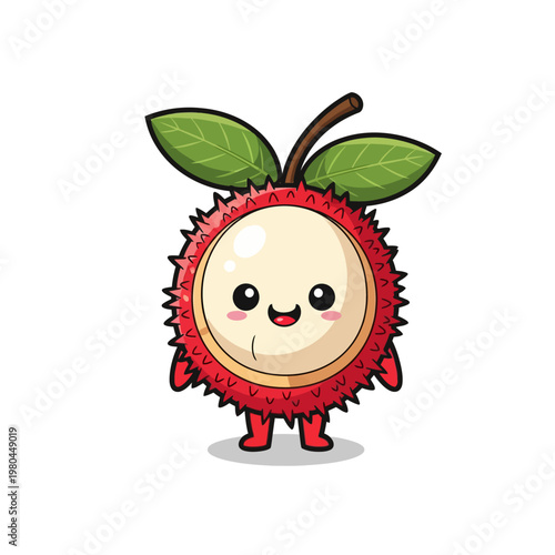 Vector illustration of a cute chibi rambutan fruit character mascot featuring a red spiky skin, smiling face with rosy cheeks, white interior flesh, and green leaves on top.