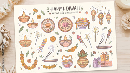 Hand-drawn Happy Diwali festive icon sticker sheet featuring traditional lamps, fireworks, sweets, and decorative elements on a light background.