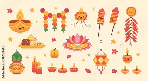 A vibrant collection of cute cartoon-style Diwali festival elements including diyas, firecrackers, garlands, sweets, and traditional decorations on a light background.