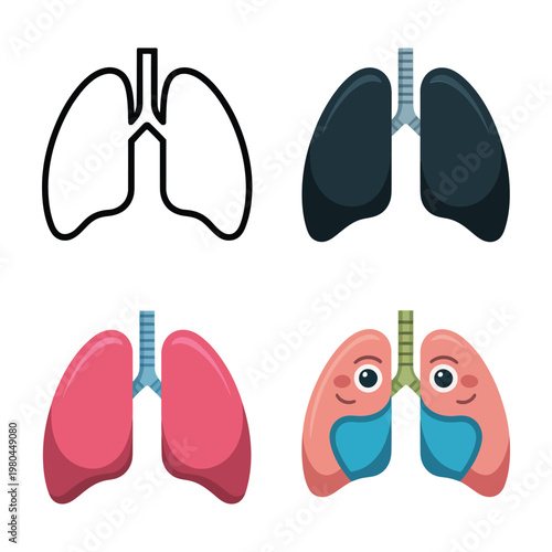 Respiratory system set with lungs and airway diagrams, medical illustration for health education, patient handouts, anatomy lessons, clinic brochures materials