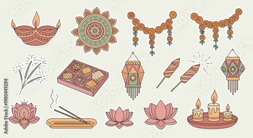 A vibrant collection of traditional Indian festival elements, including diyas, lanterns, sweets, garlands, and lotus flowers, depicted in a charming flat illustration style.