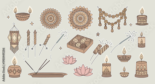A collection of traditional Indian festival elements including diyas, candles, mandalas, firecrackers, sweets, lotus flowers, and incense sticks, in an illustrative style.