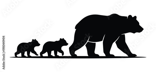 Bear with two cubs following Shape Icon Silhouette Vector black design on a white background