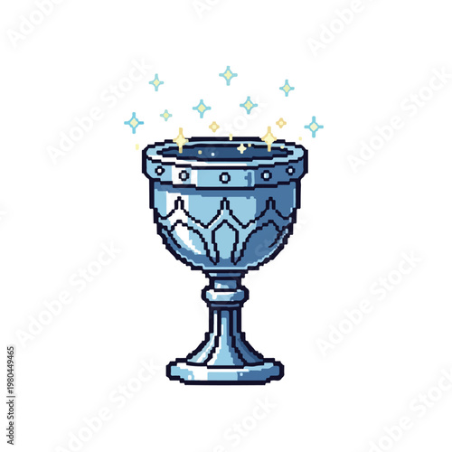 This vibrant pixel art depicts a magical blue goblet or chalice with sparkling stars rising from it, set against a clean white background.
