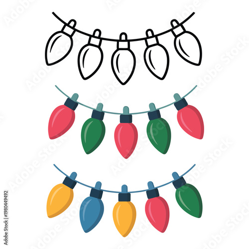 Christmas lights string garland set with colorful bulbs, festive holiday decor for porch, tree trimming, invitations, posters, digital banners templates