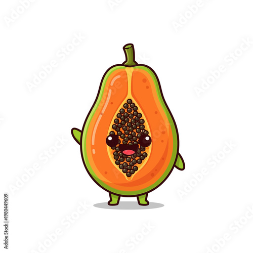 Cute chibi papaya character illustration, sliced open showing orange flesh and black seeds, smiling face with big eyes and waving hands, isolated on white background vector.