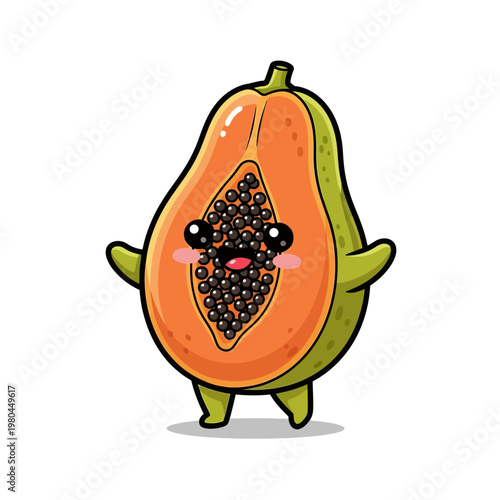 Cute chibi papaya character vector illustration. Sliced papaya showing orange flesh and black seeds with a happy face, big eyes, and pink cheeks isolated on a white background.