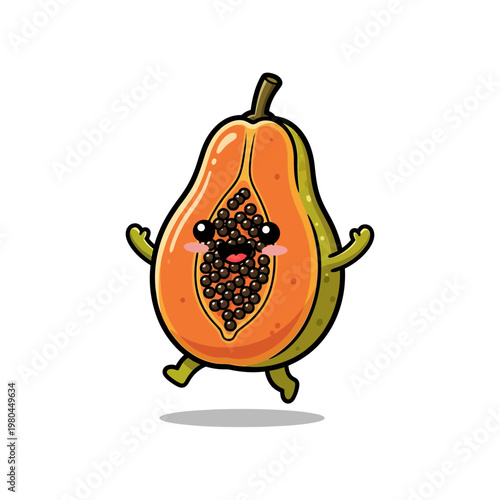 Kawaii vector illustration of a cute chibi papaya character cut in half, revealing bright orange flesh and black seeds, with a happy smiling face, small limbs, and blushing cheeks on white.
