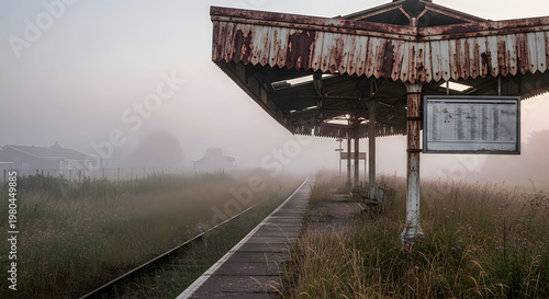 Abandoned railway station platform in the morning fog with overgrown grass and rusted roof
