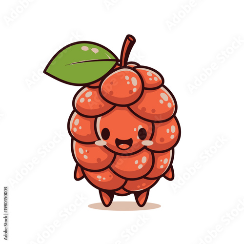 Cute chibi lychee fruit character vector illustration featuring a smiling face, reddish bumpy skin texture, and a single green leaf on a stem, isolated on white background.