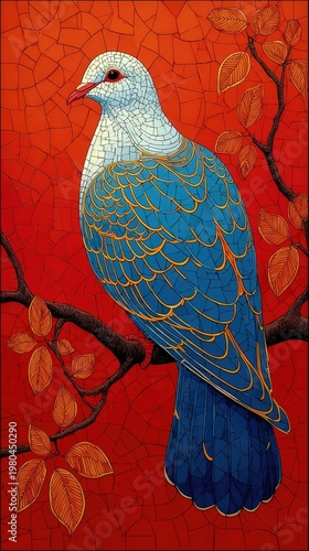 Colorful, stylized bird perched on a branch, red background