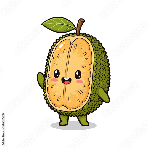 Cute chibi jackfruit mascot character with a smiling face and waving hand, featuring a sliced open front showing yellow interior flesh, green spiky skin, and a leaf, isolated on white.