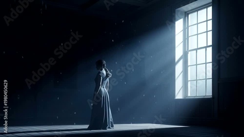 Woman Standing Alone in Dark Room with Light.