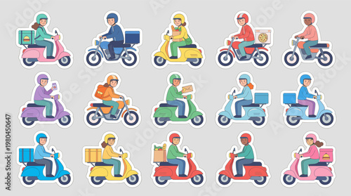 Colorful scooter riders set with men and women driving motor scooters in side view cartoon style isolated on white background