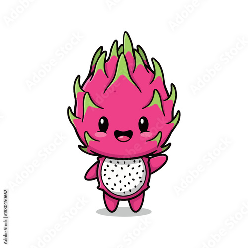 Cute chibi dragon fruit character illustration with vibrant pink skin, green tipped scales, white flesh with black seeds, smiling face and waving hand, isolated on white.