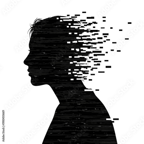 Silhouette of a person dissolving into digital pixels, representing data loss or memory fragmentation.