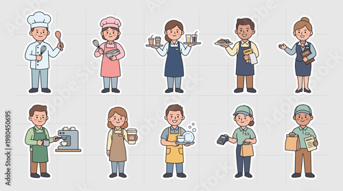 Service worker characters set with chef waitress nurse cleaner and staff in uniforms holding tools and products in friendly cartoon style isolated on white background