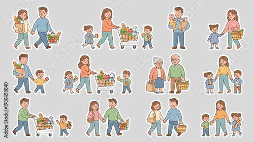 Family shopping characters set with parents and children carrying bags groceries and gifts in everyday cartoon style isolated on white background