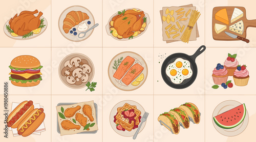 Fast food and meal icons set with burger pizza fries hot dog chicken seafood dessert and breakfast dishes in flat cartoon style isolated on white background