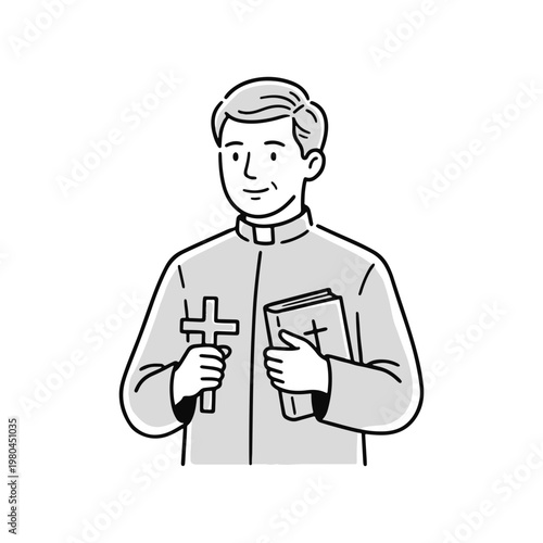 Simple line art vector illustration of a male Christian priest holding a crucifix and a holy bible, representing faith, spirituality, and religious guidance for various religious content.