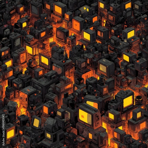Stacked CRT monitors emit orange glows in darkness