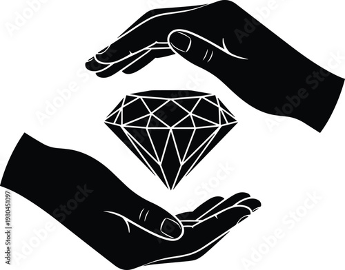 Black and white vector illustration of two hands protecting a diamond gemstone symbolizing security premium quality value and asset insurance
