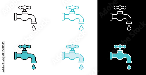 Dripping water faucet icon for plumbing leak alerts in line and fill style