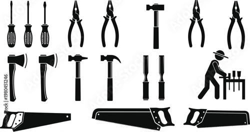 Professional Hand Tools Vector Collection Featuring Saws Hammers Pliers Screwdrivers and Axes for Carpentry Construction Woodworking and DIY Home Improvement Projects