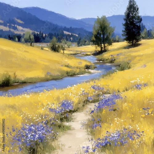 Sunny meadow, winding stream, distant hills