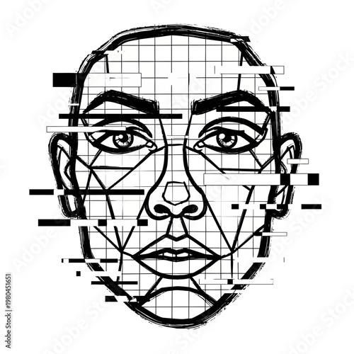 Glitching human face with digital grid and abstract lines, AI concept