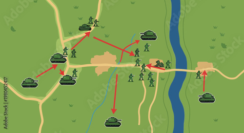 Military Battle Strategy Map Illustration with Tanks and Infantry Soldiers for War Tactics Concept in Flat Vector Style