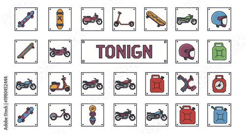 A collection of hand-drawn illustrations featuring various modes of transport and related items, including motorcycles, scooters, skateboards, helmets, and fuel