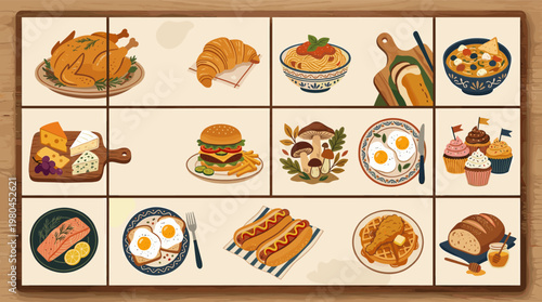 Food icons collection with croissant burger sushi pizza noodles breakfast and dessert dishes in flat cartoon style arranged in square frames on white background