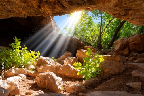 Light Streaming Through Cave Entrance Illuminating Natural Scene of Reflection and Peace