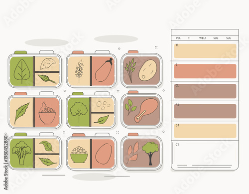 A colorful illustration of various food items displayed in lunchboxes on a table indoors.