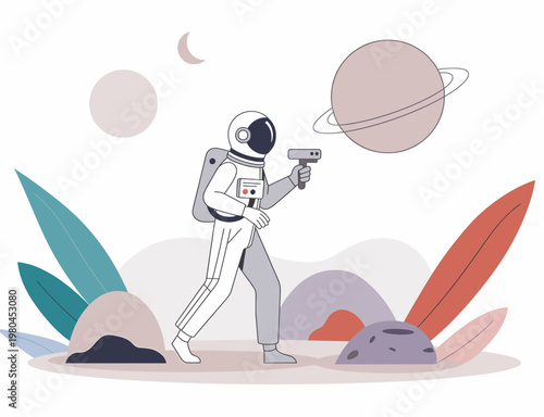 Astronaut explores the planet's surface with a device in hand on Mars.