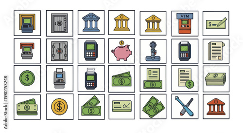 Collection of banking and finance related icons in a grid.