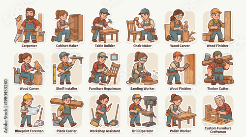 Carpenter and woodworking characters set with craftsmen cutting carving measuring and assembling furniture in detailed cartoon style isolated on white background