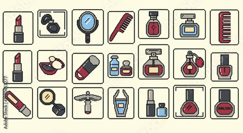 Collection of beauty and cosmetic products icons for makeup and personal care.
