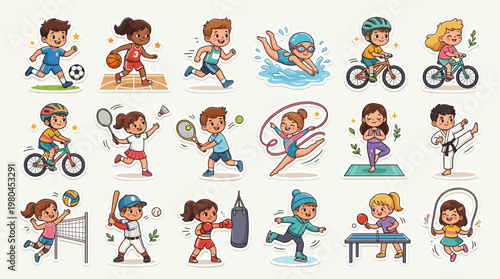 Kids sports and fitness characters set with children running cycling skating boxing gymnastics and playing different games in colorful cartoon style isolated on white background