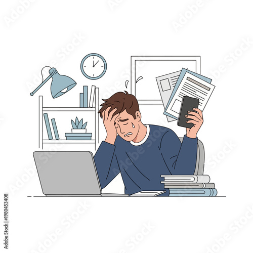 Stressed man sitting at a desk with a laptop, holding his head in distress, clutching a smartphone and multiple documents in a home office with a clock, lamp, and bookshelf.