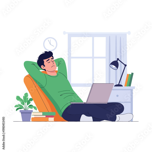 Exhausted male freelancer leaning back with hands behind head and eyes closed while working on a laptop at home office with window, desk lamp, and indoor plant decoration.