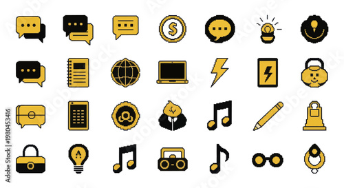 Collection of business and technology icons in yellow and black.
