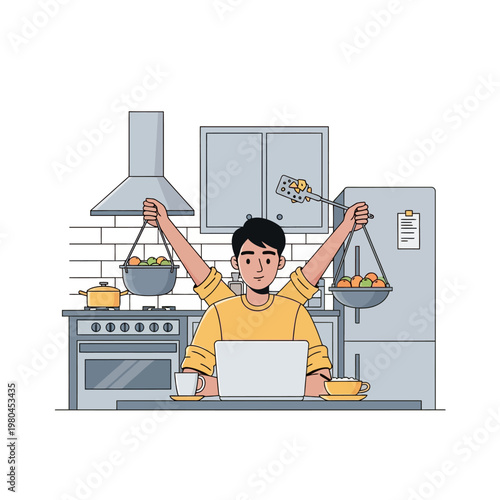 Illustration of a young man with multiple arms multitasking in a kitchen, using a laptop while simultaneously cooking and preparing food with pots and utensils on a white background.