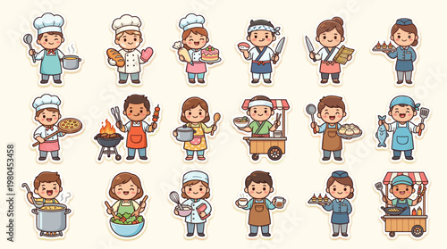 Chef and food service characters set with cooks bakers waiters and kitchen staff preparing meals in cute cartoon style isolated on white background