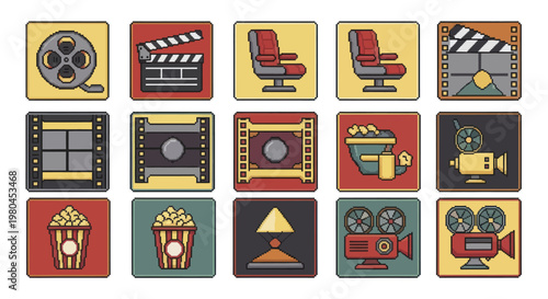 Collection of cinema and movie related icons in a retro flat design style.