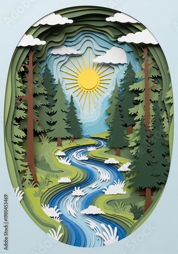 Paper Cut Serenity: Lush Forest Stream Bathed in Golden Sunshine, Dreamy Layers